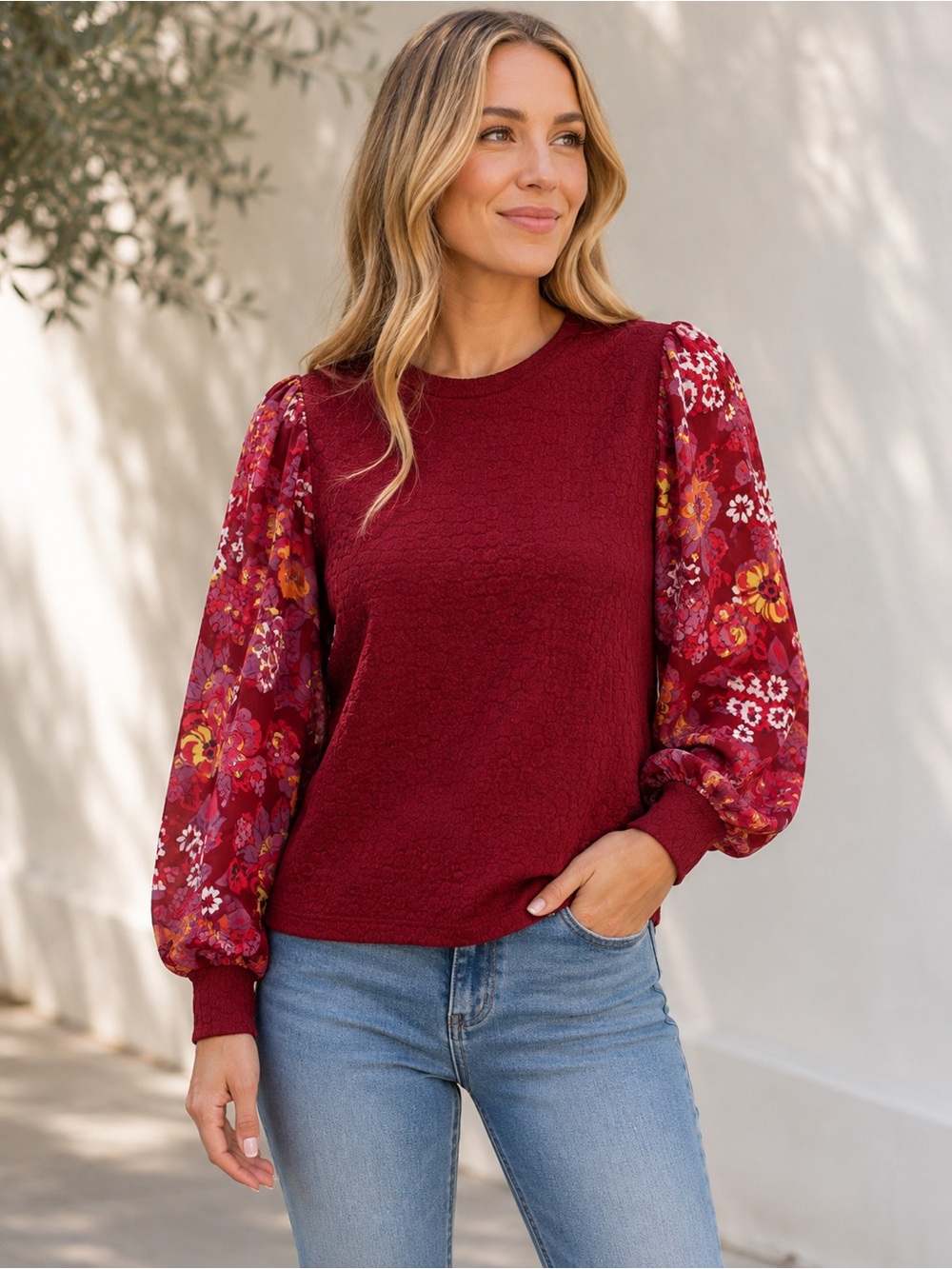 Anthropologie Women's Burgundy Floral Puff-Sleeve Top
